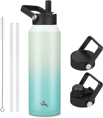 Vista 140 de Konokyo - Botella de agua aislada de 18 onzas, botellas deportivas de acero inoxidable con 3 tapas, verde militar