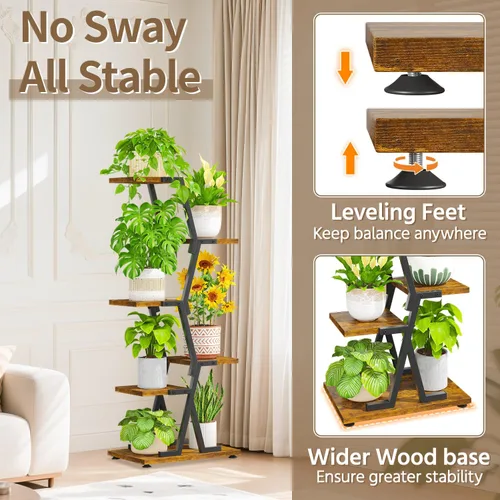 Vista 3 de LASZOLA Soporte para plantas de 5 niveles alto de madera y metal para interiores para macetas de servicio pesado, estante vertical grande