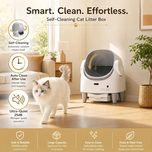 Vista 2 de Takywep Caja de arena inteligente autolimpiante superior abierta, bandeja de arena automática para gatos Blanco