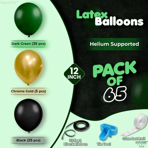 Vista 2 de KatchOn, Globos negros, verdes y dorados, 12 pulgadas, paquete de 65 unidades, globos de fiesta, decoraciones de fiesta de fiesta, decoración