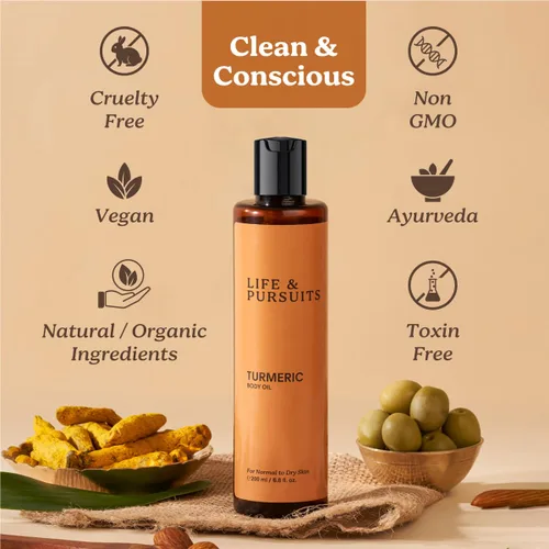 Vista 4 de Life & Pursuits Aceite corporal de cúrcuma para piel seca, 6.8 onzas líquidas, aceite corporal diario ligero con cúrcuma, escualano y vitamina E