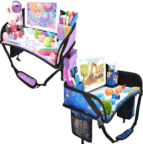 Vista 21 de 2 piezas Bandeja de viaje para niños, bandeja para asiento de coche para niños Viaje, Esenciales de viaje en carretera para niños con kit de dibujo