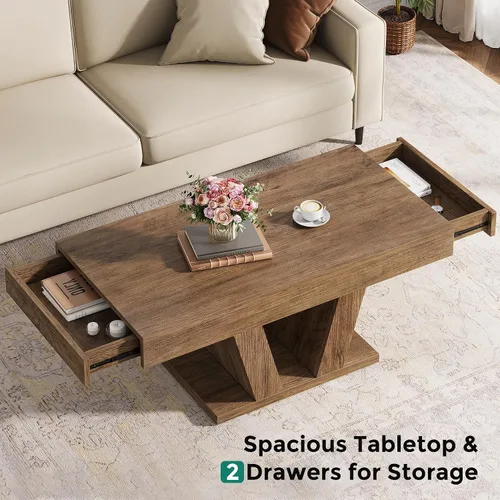 Vista 5 de Mesa de centro de granja con 2 cajones laterales, mesa de té central de madera de 43 pulgadas con almacenamiento oculto, mesa de cóctel rectangular