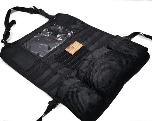 Vista 2 de Organizador táctico para asiento trasero de automóvil MOLLE con 14 bolsillos múltiples y 4 bolsas desmontables: sombrero de camionero, bolsa médica