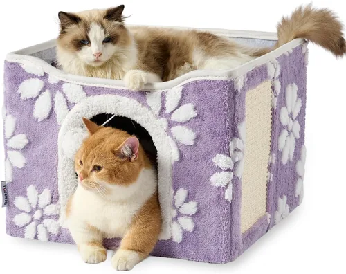 Vista 8 de Casas para gatos de interior, bonita cueva para gatos con bola esponjosa para colgar y almohadilla para rascar, escondite plegable para gatitos, 17