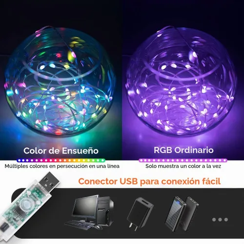 Vista 2 de WS2812B - Guirnalda de luces inteligentes de 33 pies, USB, Bluetooth, con temporizador y control remoto, sincronización de música, modos divertidos