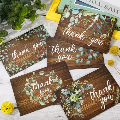 Vista 6 de Whaline Paquete de 30 tarjetas de agradecimiento rústicas con sobres, calcomanías de acuarela, eucalipto marrón, tarjetas de felicitación