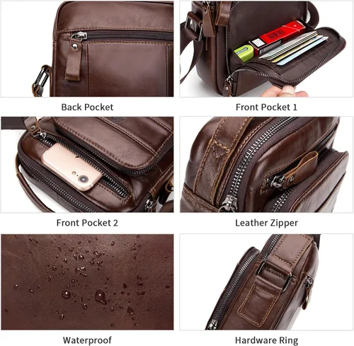Vista 5 de BAIGIO Bolso bandolera de cuero genuino para hombre, bolso de hombro pequeño, bolso de mensajero para hombre, bolso para iPad, bolsa de viaje