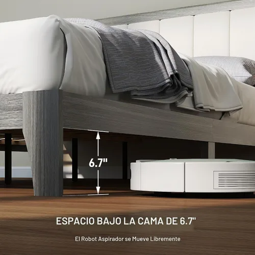 Vista 5 de HOMCOM - Base de cama de tamaño matrimonial, cabecera tapizada, listones de madera, color gris Marco de cama de plataforma, no necesita somier