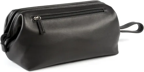 Vista 4 de Leatherology Neceser con marco de ónix negro, kit de piel de grano completo para hombres con apertura de boca ancha, bolsillos interiores y Negro