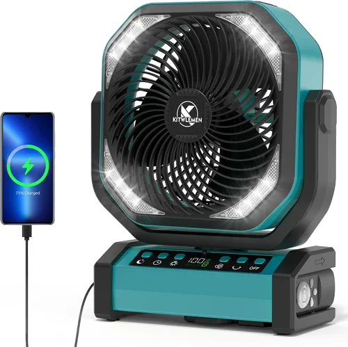 Vista 12 de KITWLEMEN - Ventilador de camping con luz - Ventilador recargable de 20,000 mAh con batería, tiempo máximo de funcionamiento de 60 horas, 4