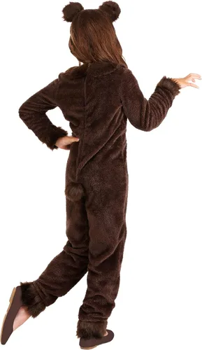 Vista 3 de Kids Brown Bear Costume with Headband - Girls Grizzly Bear Jumpsuit - Child Animal Halloween Costume
