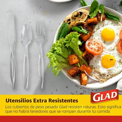 Vista 3 de Glad Juego de cubiertos desechables transparentes con tenedores, cuchillos y cucharas de plástico resistente, utensilios de plástico reutilizables