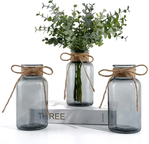 Vista 13 de Jarrones de vidrio vintage para flores, juego de 3 jarrones transparentes para centro de mesa de boda estilo granja, botella cilíndrica