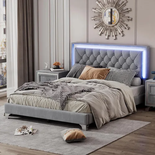 Vista 10 de Cama de plataforma flotante, marco de cama de madera tamaño individual con rayas claras, tela de lino suave y cabecera de diseño capitoné
