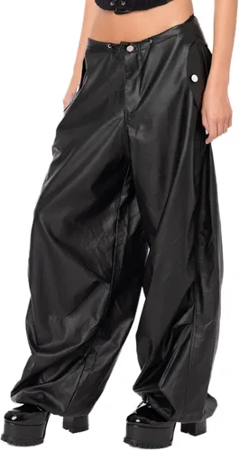 Vista 2 de WOBONIU Pantalones cargo de piel sintética para mujer, cintura baja, color sólido, holgados con bolsillos, ropa urbana Y2k