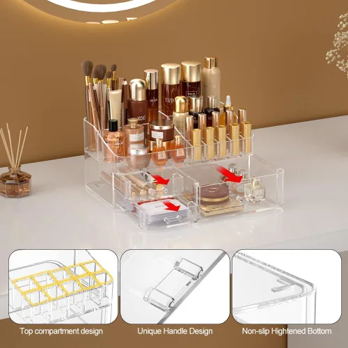 Vista 3 de Organizador de maquillaje para tocador, organizador de escritorio grande de acrílico con cajones, soporte de tocador ideal para cosméticos, lápices