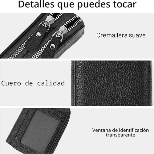 Vista 4 de RNIEGA Cartera pequeña de piel con bloqueo RFID para tarjetas de crédito, cartera pequeña para mujer, doble cremallera con ventana de identificación