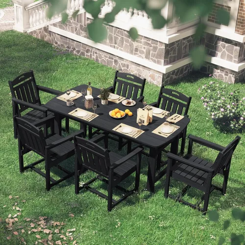 Vista 2 de Mesa de comedor rectangular para exteriores, mesa de polietileno de alta densidad resistente para 6, mesa de patio resistente a la intemperie