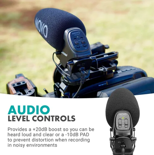 Vista 6 de Movo VXR3031 Micrófono de escopeta – Micrófono supercardioide en cámara con filtro de paso alto de 2 pasos, control de nivel de audio de 3 etapas