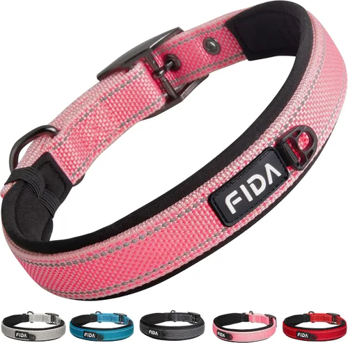 Vista 13 de Fida Collar para perro de alta resistencia, acolchado de neopreno suave ultra cómodo, collar de nailon reflectante ajustable para mascotas con Negro