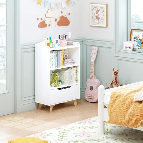 Vista 5 de UTEX Estantería para niños, libreros para niños con almacenamiento y cajón, organizador de almacenamiento de juguetes para niños de madera para sala