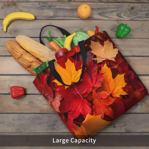 Vista 3 de Bolsa de mano de girasoles negros para mujer, bolsas reutilizables para compras de comestibles con cremallera, bolsa de hombro casual Hojas de otoño