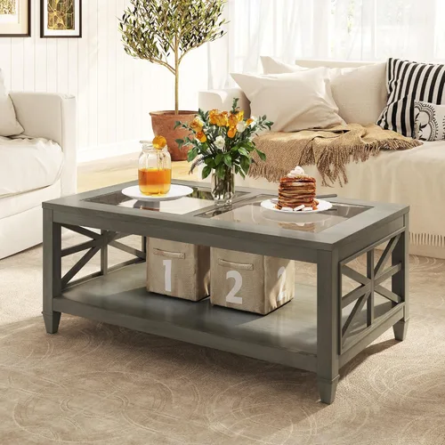 Vista 8 de Mesa auxiliar de madera maciza de 2 niveles con vidrio templado, mesa auxiliar cuadrada de madera para sofá, mesita de noche rústica con soporte