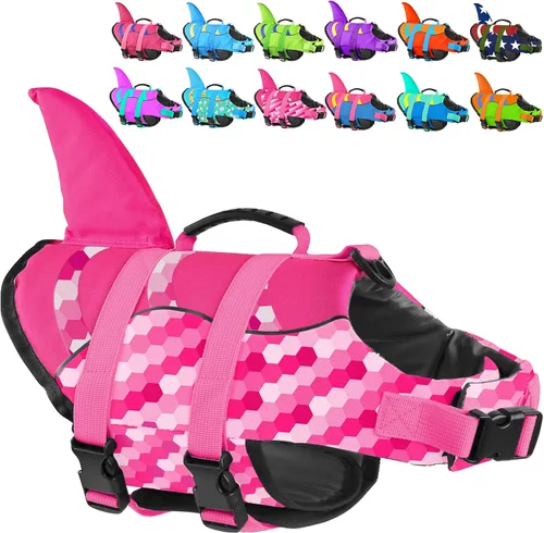 Vista 31 de Chaleco salvavidas para perros de Fragralley Shark, chaleco salvavidas ajustable para perros con aleta de tiburón, adecuado para perros pequeños