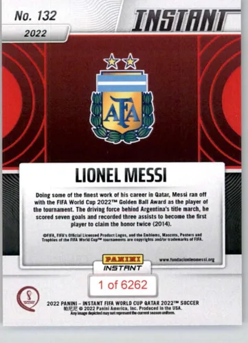 Vista 2 de Panini Instant FIFA World Cup #132 Lionel Messi Golden Ball Argentina - Tarjeta de intercambio oficial de fútbol de Panini en estado Raw