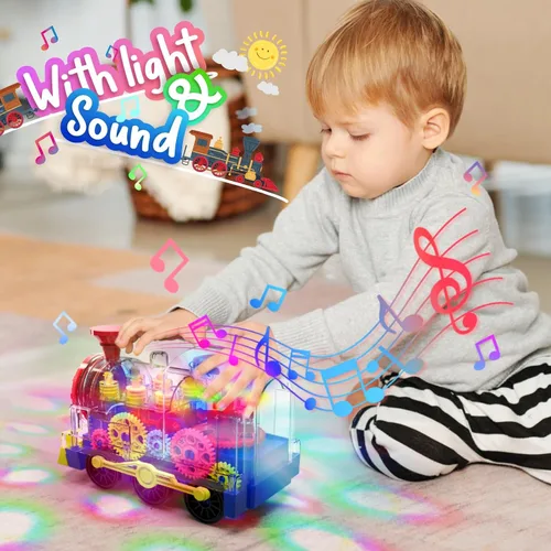 Vista 5 de Kizeefun - Tren de juguete con luz para niños pequeños: coche de juguete con engranajes transparentes para niños con luz genial y música, juguetes
