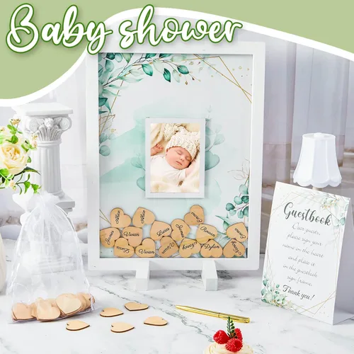 Vista 4 de Alternativas de libro de invitados Kosiz para Baby Shower, decoraciones de baby shower con corazones de madera para 60 invitados, marco de foto