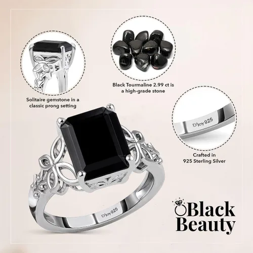 Vista 4 de Black Tourmaline 925 Sterling Silver Statement Ring for Women Octágono