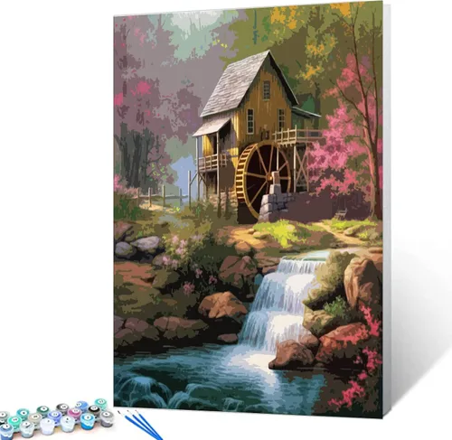 Vista 3 de Tucocoo Pintura de cabaña forestal por números para adultos, kits de pintura al óleo digital sobre lienzo con pinceles y pigmento acrílico, rueda