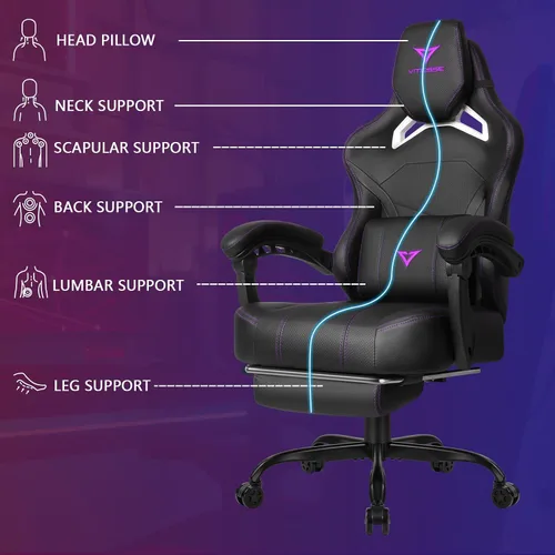 Vista 5 de Waleaf Silla de juegos grande y alta para adultos con reposapiés, capacidad de peso de 400 libras, sillas de videojuegos para oficina, silla