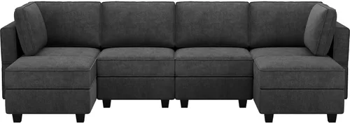 Vista 8 de Belffin Sofá en forma de U Sofá modular reversible de almacenamiento otomano Sofá de 6 plazas sofás grandes Sofá en forma de U Negro