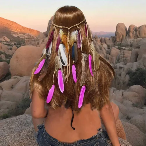 Vista 3 de CAKURE Diademas bohemias de plumas indias de pavo real, diadema gitana, ajustable, tocado hecho a mano, accesorios para el cabello (juego 7)