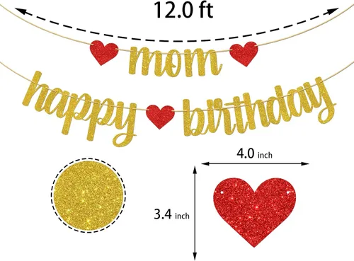 Vista 2 de Cartel de feliz cumpleaños con texto en inglés "Mom Happy Birthday", decoraciones para fiesta de cumpleaños de las mujeres, suministros de fiesta