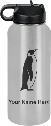 Vista 76 de LaserGram Botella de agua personalizada, pingüino, acero inoxidable de doble pared aislada al vacío con popote superior, regalo grabado