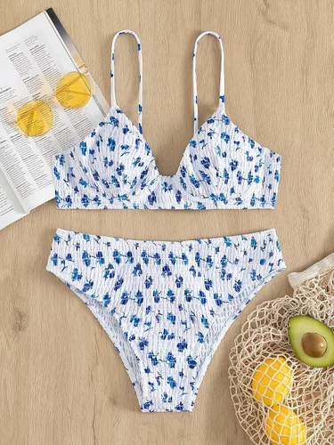 Vista 6 de MakeMeChic Conjunto de bikini de 2 piezas para mujer, traje de baño de triángulo fruncido con estampado floral