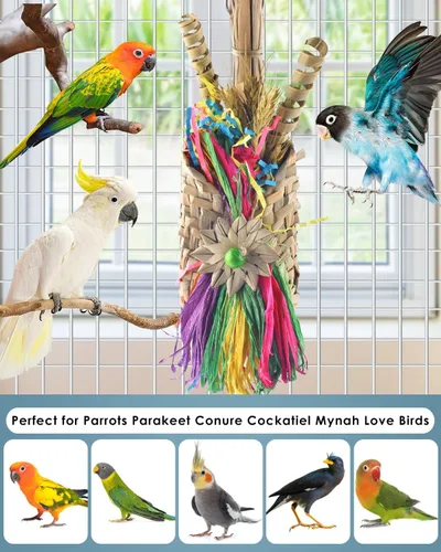 Vista 7 de Bissap Juguetes para masticar pájaros, trituradora de forrajería de loros, bolsa tejida con palmera natural, jaula colgante de juguete con golosinas