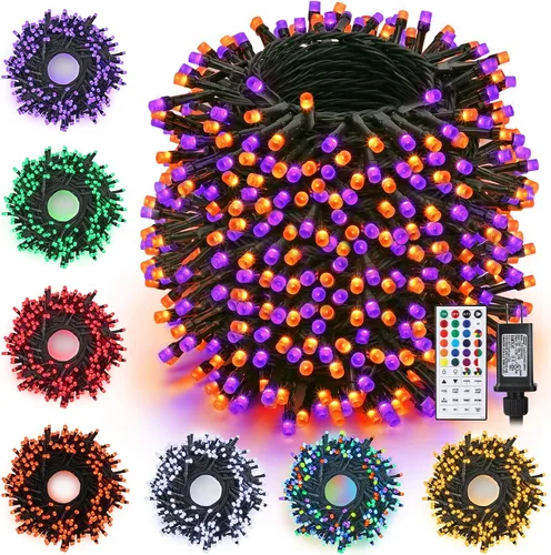 Vista 10 de Toodour - Guirnalda de luces RGB para Halloween, 82 pies, 200 luces LED naranja y morado