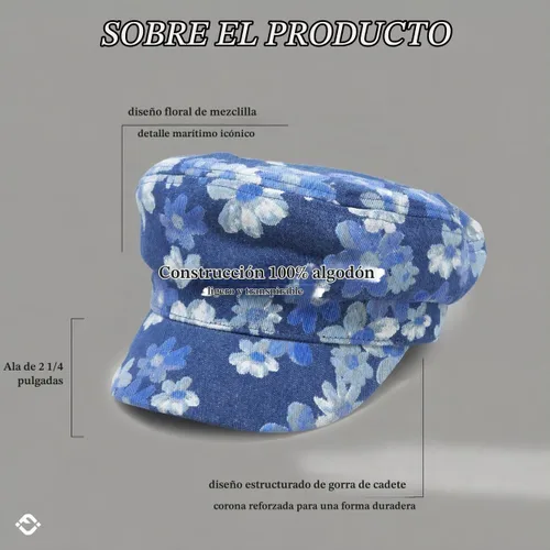 Vista 3 de Funky Junque Gorra de pescador griego, gorra de algodón para panaderos Floral - Denim