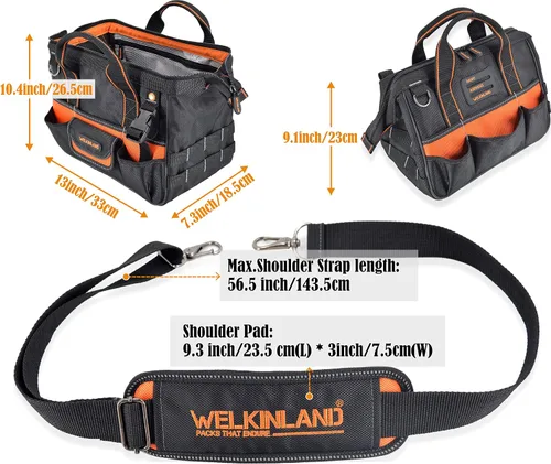 Vista 8 de WELKINLAND Portaherramientas pequeño de 13 pulgadas, organizador de electricista, bolsa de técnico de HVAC, bolsa de taladro para hombres
