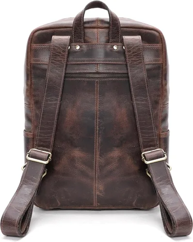 Vista 8 de Mochila de cuero hecha a mano para hombres y mujeres, bolsa para laptop de 15.6 pulgadas, cuero genuino, estilo retro, casual, para universidades