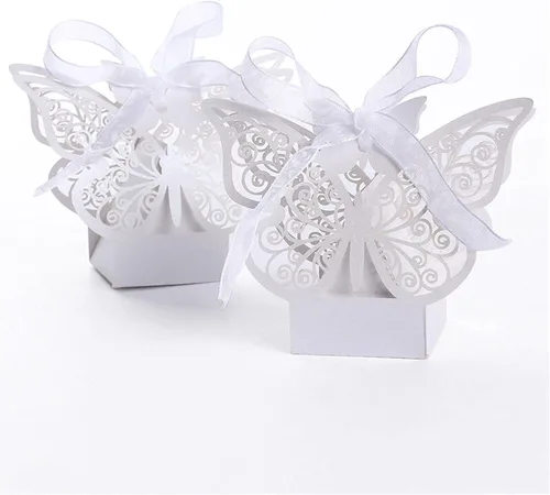 Vista 8 de Auto-plaza 50 cajas de regalo de mariposa cortadas con láser, cajas de dulces con cintas (beige)