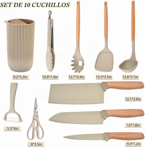 Vista 8 de Juego de cuchillos de cocina profesionales de 10 piezas con bloque universal de cuchillos, herramientas de cocina antiadherentes resistentes al Caqui