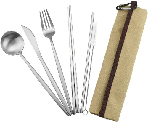 Vista 18 de Utensilios de viaje reutilizables, 7 piezas portátiles de acero inoxidable 304, incluyendo cuchillo, tenedor, cuchara, palillos, cepillo