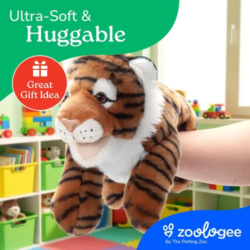 Vista 6 de The Petting Zoo Peluche de marioneta de mano de tigre, regalos para niños, animales de marioneta, juguete de peluche interactivo de tigre, 16