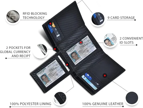Vista 4 de Real Leather Trifold Wallet for Men - RFID Wallets Slim 9 Credit Card Holder 2 ID Compartment Gift For Men